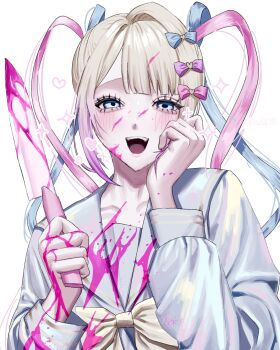 Rule 34 | 1girl, :d, aegyo sal, blonde hair, blood, blood on clothes, blood on face, blood splatter, bloody knife, blue eyes, blue hair, blue sailor collar, blue shirt, blunt bangs, blush, bow, chest bow, chouzetsusaikawa tenshi-chan, colored tips, grin, hair bow, highres, holding, holding knife, knife, looking at viewer, mlepq, multicolored hair, multiple hair bows, needy girl overdose, open mouth, pink hair, quad tails, sailor collar, shirt, sidelocks, smile, solo, upper body