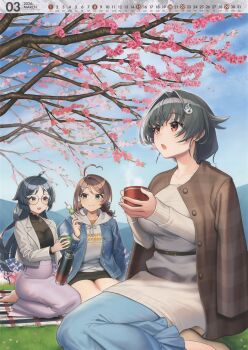 absurdres ahoge akasaka_yuzu black_hair blazer blue_skirt blue_sky brown_hair calendar_(medium) cherry_blossoms chougei_(kancolle) chougei_(spring)_(kancolle) cloud day glasses grass hair_flaps hanami heian_maru_(kancolle) highres incredibly_absurdres jacket jacket_on_shoulders jingei_(kancolle) kantai_collection low_twintails march official_art outdoors seiza sitting skirt sky tree twintails