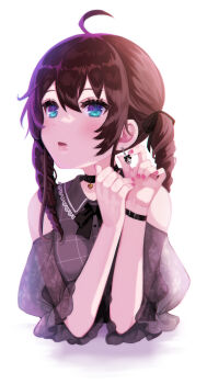 Rule 34 | 1girl, ahoge, alternate costume, alternate hairstyle, black bow, black bowtie, black choker, black ribbon, blue eyes, bow, bowtie, brown hair, choker, clothing cutout, collared shirt, cropped torso, dot nose, drill hair, earrings, flower earrings, grey shirt, hair between eyes, hair ribbon, highres, holding, holding jewelry, hololive, jewelry, lace, lace sleeves, nail polish, natsuiro matsuri, natsuiro matsuri (casual), nekohara choco, official alternate costume, official alternate hairstyle, open mouth, pink nails, plaid clothes, plaid shirt, puffy sleeves, ribbon, see-through clothes, see-through sleeves, shirt, shoulder cutout, solo, twin drills, virtual youtuber, white background