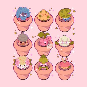 +_+ ;) applin artist_name blush cherubi closed_mouth commentary cottonee flower_pot fomantis gen_1_pokemon gen_3_pokemon gen_4_pokemon gen_5_pokemon gen_7_pokemon gen_8_pokemon highres leaphere legendary_pokemon lotad mythical_pokemon nintendo no_humans one_eye_closed pink_background pokemon pokemon_(creature) seedot shaymin shaymin_(land) shroomish smile soil sparkle tangela watermark