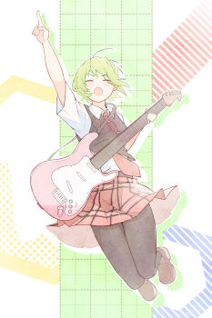 1girl absurdres ahoge arm_up black_pantyhose black_vest blush brown_shoes closed_eyes collared_shirt commentary_request dot_nose drop_shadow electric_guitar eyewear_hang facing_viewer fender_stratocaster full_body glasses green_hair guitar gumi highres holding holding_instrument instrument jumping loafers naranoashika necktie open_mouth outline pantyhose plaid_clothes plaid_skirt pleated_skirt pointing pointing_up red-framed_eyewear red_necktie red_skirt school_uniform setsuna_trip_(vocaloid) shirt shoes short_hair short_sleeves sidelocks skirt solo unworn_eyewear v-shaped_eyebrows vest vocaloid white_outline white_shirt wing_collar
