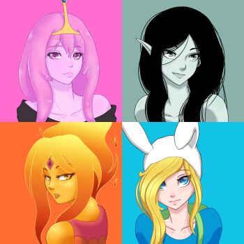 4girls adventure_time animal_ears backpack bag bare_shoulders bite_mark black_hair blonde_hair blue_background blue_eyes collarbone fang fang_out fionna_campbell fire flame_princess forehead_jewel grey_background grey_eyes hair_over_one_eye highres kawa-v light_smile lips long_hair looking_at_viewer looking_back marceline_abadeer multiple_girls orange_background orange_eyes orange_hair parted_lips pink_background pink_eyes pink_hair pointy_ears portrait princess_bonnibel_bubblegum split_screen tiara