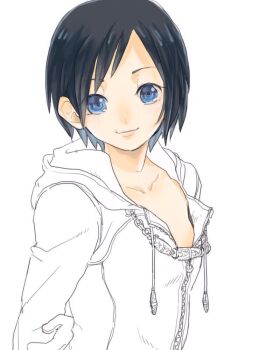 1girl black_coat_(kingdom_hearts) black_hair blue_eyes breasts closed_mouth coat collarbone gloves kingdom_hearts kingdom_hearts_358/2_days looking_at_viewer monochrome organization_xiii partially_colored short_hair sideboob simple_background smile solo white_background xion_(kingdom_hearts)