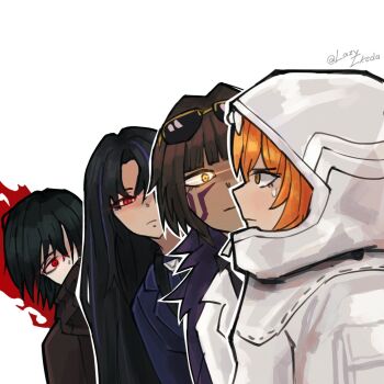 1boy 3boys black_hair blue_streaks bow brown_hair commentary dark-skinned_female dark_skin e.g.o_(project_moon) english_commentary facial_tattoo fell_bullet_(e.g.o) head_bow highres hood hood_up hoodie ishmael_(project_moon) lazy_ikeda limbus_company long_hair middle_(identity)_(project_moon) multicolored_hair multiple_boys n_corp._e.g.o_(identity)_(project_moon) orange_hair outis_(project_moon) pinky_(identity)_(project_moon) project_moon red_eyes ryoshu_(project_moon) short_hair simple_background streaked_hair sweatdrop tattoo twitter_username white_background white_bow white_hoodie yellow_eyes yi_sang_(project_moon)