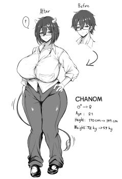 1girl absurdres blush breasts bursting_breasts button_gap chanom_(minori) commentary cow_girl cow_horns cow_tail english_commentary english_text female_focus full_body genderswap genderswap_(mtf) glasses hair_between_eyes highres horns huge_breasts minori_(user_eket5233) monochrome original pants shirt short_hair solo standing tail thick_thighs thighs white_background white_shirt wide_hips