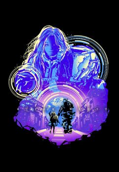 1boy 1girl android arm_up artist_name black_background blonde_hair blue_coat closed_mouth coat commentary diana_(pragmata) earth_(ornament) english_commentary facing_away from_behind helmet highres hugh_williams hypertwenty index_finger_raised long_hair long_sleeves looking_at_viewer neon_palette padded_coat pointing pointing_up pragmata projected_inset puffy_coat puffy_long_sleeves puffy_sleeves space_helmet spacesuit truss walking