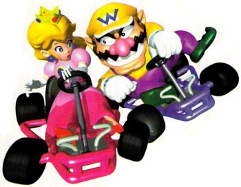 Rule 34 | 1boy, 1girl, car, crown, dress, facial hair, hat, mario (series), mario kart, mario kart 64, motor vehicle, mustache, nintendo, official art, overalls, princess peach, simple background, super mario bros. 1, wario