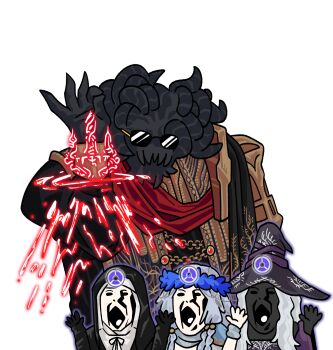 1girl absurdres ai-generated_art_(topic) ash_baby_(meme) asymmetrical_horns black_capelet black_gloves black_hood capelet chun_grandfa colored_skin commentary_request dark-skinned_female dark_skin dress elden_ring elden_ring_nightreign flower_wreath gloves hands_up hat head_wreath highres horns korean_commentary long_hair meme mohg_lord_of_blood multiple_horns nun open_mouth recluse_(elden_ring) revenant_(elden_ring) robe salt_bae_(meme) simple_background sunglasses undertaker_(elden_ring) veil white_background witch_hat