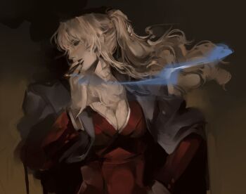 1girl a_anxiety_x balalaika_(black_lagoon) black_lagoon blonde_hair commentary formal_clothes long_hair long_sleeves looking_to_the_side red_suit scar scar_on_face smoking suit wavy_hair