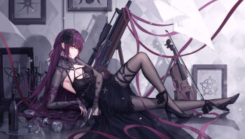 Rule 34 | 1girl, arm rest, belt, black belt, black dress, black pantyhose, black shrug, bottle, bow (music), braid, breasts, bridal gauntlets, bullpup, candle, candlestand, cleavage, closed mouth, commentary, cup, dress, drinking glass, english commentary, girls' frontline, girls' frontline 2: exilium, gun, hair between eyes, hair ornament, handgun, high heels, highres, holding, holding gun, holding weapon, indoors, instrument, kneeling, large breasts, legs, light particles, long hair, long sleeves, looking at viewer, lying, makiatto (girls' frontline 2), nail polish, on back, outstretched leg, pantyhose, picture frame, pink eyes, pink nails, print sleeves, purple hair, purple ribbon, reclining, ribbon, rifle, scope, see-through shrug, shrug (clothing), side braid, sniper rifle, solo, table, thigh belt, thigh strap, thighs, very long hair, violin, wa2000 (girls' frontline), walther, walther wa 2000, weapon, wine bottle, wine glass, yuzuriha (atelier liang)