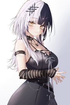 1girl arm_strap belt black_arm_warmers black_belt black_choker black_dress black_hair breasts chest_belt choker closed_mouth commentary dress grey_background grey_hair hair_ornament highres hololive hololive_english immakms_zzz lace lace_choker large_breasts long_hair looking_at_viewer multicolored_hair own_hands_together pendant_choker shiori_novella shiori_novella_(1st_costume) sleeveless sleeveless_dress smile solo split-color_hair striped_arm_warmers symbol-only_commentary two-tone_hair upper_body virtual_youtuber yellow_eyes