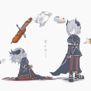 3girls ankle_boots arm_at_side arms_at_sides assault_lily belt black_belt black_boots black_bow black_bowtie black_horns black_jacket black_skirt blood blood_in_hair blood_on_clothes blood_on_face blood_on_hands blood_on_leg boots bow bow_(music) bowtie bridal_gauntlets brown_bridal_gauntlets buckle cake cake_slice commentary_request crying cup demon_horns faceless faceless_female food frilled_sleeves frills grey_background grey_hair hair_over_one_eye half_updo highres holding holding_weapon horns instrument jacket jewelry karasawa_aisa kasa_(kasa_mayulove) kneeling miniskirt multiple_girls multiple_views murakami_tokiwa necklace out_of_frame paper pendant pleated_skirt profile reaching reaching_towards_another sauce sekino_youko short_hair short_sleeves simple_background single_horizontal_stripe skirt snap-fit_buckle standing striped_clothes striped_skirt tea teacup tears translation_request violin waist_cape weapon