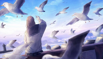 1girl amenomori_howa artist_name bird black_skirt brown_hair cloud commentary_request day from_behind highres lighthouse long_sleeves medium_hair ocean on_wall original outdoors pleated_skirt scenery school_uniform seagull serafuku shirt sitting skirt sky solo white_shirt