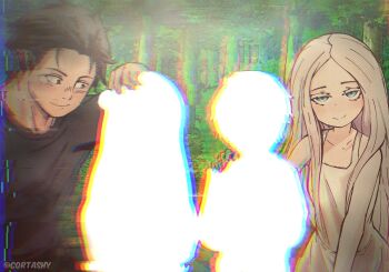 2boys 2girls alternate_universe black_dress black_eyes black_hair black_shirt blue_eyes bow bowtie child closed_eyes cortashy crossed_arms dress family forest glitch hair_ornament hands_on_own_hips highres jacket long_hair looking_at_viewer multiple_boys multiple_girls natsuki_subaru nature outline pandora_(re:zero) re:zero_kara_hajimeru_isekai_seikatsu sanpaku shirt short_hair smile static very_long_hair white_dress white_hair