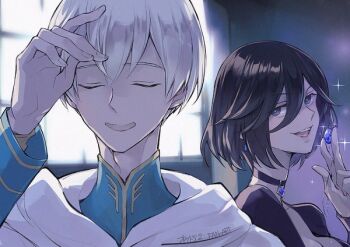 1boy 1girl black_choker black_hair breasts choker closed_eyes commentary_request earrings grel_(r6hgvu5) hair_between_eyes indoors jewelry large_breasts looking_at_another octopath_traveler octopath_traveler_ii open_mouth short_hair smile sparkle temenos_mistral throne_anguis white_hair window