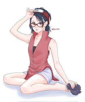 1girl barefoot black_eyes black_hair boruto:_naruto_next_generations commentary_request corrupted_twitter_file forehead_protector full_body glasses hashtag-only_commentary highres konohagakure_symbol matsu_(fu6ide2) medium_hair naruto_(series) red-framed_eyewear short_shorts shorts solo twitter_username uchiha_sarada unworn_clothes white_shorts