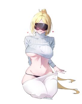 1girl absurdres blindfold_mask blonde_hair breasts commentary covered_eyes english_commentary hair_ornament highres huge_breasts karasawa_miko large_breasts long_hair mask navel original pants ponytail smile solo trigger_(zenless_zone_zero) zenless_zone_zero