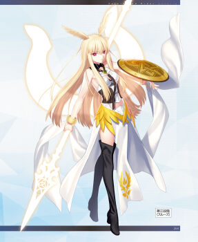 1girl bare_shoulders black_boots blonde_hair boots breasts bright_pupils closed_mouth fate/grand_order fate_(series) full_body head_wings highres holding holding_shield holding_weapon knee_boots long_hair looking_at_viewer medium_breasts pelvic_curtain polearm red_eyes shield simple_background solo spear standing takeuchi_takashi thrud_(fate) valkyrie_(fate) weapon white_background white_pupils wings