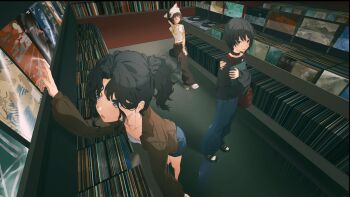 3girls alternate_costume amagami black_eyes black_hair black_pants black_shirt blue_pants blue_skirt brown_hair brown_jacket collarbone commentary_request curly_hair fashion full_body hand_up hat headphones highres holding indoors itou_kanae_(amagami) jacket long_sleeves looking_at_viewer multiple_girls nanasaki_ai official_alternate_hairstyle on_stool open_mouth pants ponytail record_store shirt shop short_hair sitting skirt standing tanamachi_kaoru torn_clothes torn_shirt usurai_rairai vinyl_record wavy_hair white_hat white_shirt