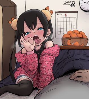 1boy 1girl black_hair fellatio_gesture loli looking_at_viewer original tongue tongue_out urushi_uroro