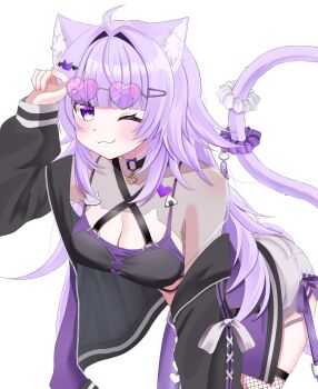 Rule 34 | 1girl, absurdres, ahoge, animal ear fluff, animal ears, asymmetrical legwear, black jacket, breasts, cat ears, cat girl, cat tail, cleavage, closed mouth, clothing cutout, collarbone, commentary, commentary request, crop top, heart, heart-shaped eyewear, heart cutout, highres, hololive, jacket, long hair, looking at viewer, nekomata okayu, nekomata okayu (gyaru), nogoma (nogoma22), official alternate costume, official alternate hair length, official alternate hairstyle, one eye closed, pantyhose, purple eyes, purple hair, purple pantyhose, shorts, simple background, single leg pantyhose, smile, solo, stomach, untranslatable commentary, tail, tail scrunchie, torn clothes, torn shorts, very long hair, virtual youtuber, white background, white shorts