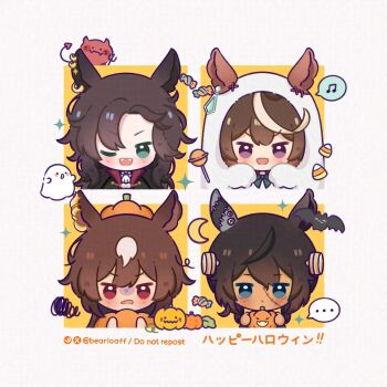 4girls animal_ear_piercing animal_ears ascot bat_(animal) bearloaff black_coat black_hair blue_eyes blush bolt_(hardware) brown_hair candy candy_corn chibi chibi_only closed_mouth coat cosplay crescent_moon dark-skinned_female dark_skin demon demon_horns demon_tail ear_ornament earrings ears_through_hood fangs food frankenstein&#039;s_monster frankenstein&#039;s_monster_(cosplay) ghost ghost_costume green_eyes hair_between_eyes halloween halloween_costume highres holding holding_pitchfork horns horse_ears horse_girl jewelry lollipop long_hair long_sleeves looking_at_viewer moon multicolored_hair multiple_girls musical_note object_through_head one_eye_closed open_mouth pitchfork popped_collar pumpkin_costume pumpkin_hat purple_eyes red_eyes screw_in_head sheet_ghost shirt single_earring sirius_symboli_(umamusume) smile speech_bubble speed_symboli_(umamusume) spoken_musical_note stitched_face stitches streaked_hair symboli_kris_s_(umamusume) symboli_rudolf_(umamusume) tail umamusume upper_body vampire_costume very_long_hair white_ascot white_hair