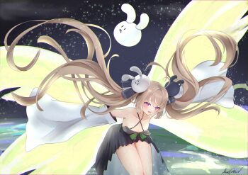 Rule 34 | 1girl, absurdres, attilio regolo (azur lane), azur lane, bare shoulders, black dress, breasts, brown hair, criss-cross halter, detached sleeves, dress, hair between eyes, hair ornament, halterneck, heart, heart-shaped pupils, highres, livetarica, long hair, long sleeves, looking at viewer, purple eyes, rabbit hair ornament, signature, small breasts, solo, symbol-shaped pupils, very long hair, very long sleeves