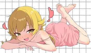 1girl absurdres ass_cutout barefoot blonde_hair blush_stickers clothing_cutout collarbone dress fang feet flat_chest frilled_dress frills grid_background hair_flaps hands_on_own_head heart highres lying monogatari_(series) off_shoulder open_mouth oshino_shinobu pink_dress smug soles solo spoken_heart toes yellow_eyes yoshikirino