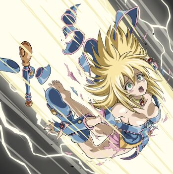 1girl absurdres arched_back attack bare_shoulders barefoot bead_necklace beads blonde_hair blue_arm_warmers blue_boots blue_hat blue_loincloth blue_tunic blush boots breasts commentary crying crying_with_eyes_open dark_magician_girl defeat duel_monster energy_beam facing_to_the_side falling gem green_eyes grey_background hat highres jewelry loincloth looking_to_the_side looking_up medium_breasts midair necklace open_mouth outdoors outstretched_arms pink_skirt pleated_skirt red_gemstone ryona ryorengox screaming skirt sparks staff tearing_up tears torn_clothes tunic wand wide-eyed wind wizard_hat yu-gi-oh! yu-gi-oh!_duel_monsters