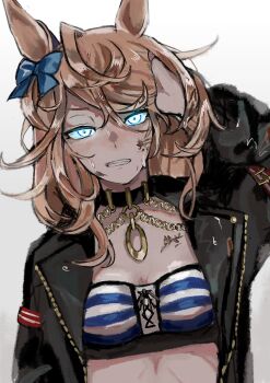 1girl absurdres animal_ears arm_up black_jacket blonde_hair blue_bow blue_eyes bow breasts clenched_teeth collar dirty dirty_face enshuritsu_(eureka0811) glowing glowing_eyes gold_city_(umamusume) hand_in_own_hair highres horse_ears jacket long_sleeves looking_at_viewer medium_breasts mud open_mouth solo sweat teeth umamusume upper_body