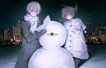 1boy 1girl absurdres black_coat black_gloves blue_eyes brown_hair cityscape closed_eyes closed_mouth coat commentary_request cowboy_shot curtained_hair folded_ponytail fur-trimmed_coat fur_trim gloves highres long_sleeves looking_at_viewer mamiya_takuji night outdoors parted_lips pom_pom_(clothes) scarf short_hair smile snow snowman subarashiki_hibi tachibana_kimika visinss w white_coat white_hair white_scarf winter winter_clothes