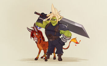 1boy armor black_eyes black_gloves black_pants black_sweater blonde_hair boots brown_background brown_footwear cloud_strife cloud_strife_(cosplay) colored_skin cosplay donkey donkey_(shrek) fiery_tail final_fantasy final_fantasy_vii fire fusion gloves green_skin heather_rivers highres holding holding_sword holding_weapon male_focus over_shoulder pants red_xiii ribbed_sweater shadow shoulder_armor shrek shrek_(series) sleeveless sleeveless_sweater smile spiked_hair suspenders sweater sword tail v-shaped_eyebrows weapon weapon_over_shoulder