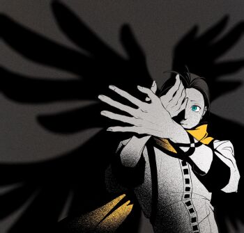 Rule 34 | 1boy, arms up, black hair, black trim, blue eyes, closed mouth, film grain, grey background, hair slicked back, highres, long scarf, looking at hands, male focus, mochizuki ryouji, mole, mole under eye, one eye covered, otoko haza, persona, persona 3, scarf, shadow, shadow puppet, shirt, short hair, sleeve cuffs, solo, upper body, white shirt, yellow scarf