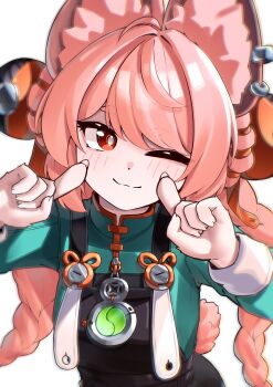 1girl absurdres animal_ear_fluff animal_ear_piercing animal_ears blush braid braided_twintails bright_pupils closed_mouth commentary_request furry furry_female green_shirt hair_intakes highres long_hair looking_at_viewer one_eye_closed pink_fur pink_hair pyeong_il rabbit_ears rabbit_girl rabbit_tail red_eyes screw shirt short_eyebrows simple_background smile solo tail thick_eyebrows upper_body white_background white_pupils zenless_zone_zero zhao_(zenless_zone_zero)
