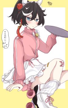 Rule 34 | 1girl, animal ears, black hair, blue eyes, blush, closed mouth, commentary request, hair between eyes, hand up, highres, holding, holding tray, horse ears, jacket, jersey maid, katsuragi ace (umamusume), long sleeves, looking at viewer, loose socks, maid, multicolored hair, pink jacket, ponytail, puffy long sleeves, puffy sleeves, ribbed socks, roller skates, shoes, sitting, skates, sleeves past wrists, socks, solo, squiggle, streaked hair, track jacket, tray, two-tone background, umamusume, unconventional maid, usako (umauma0602), v-shaped eyebrows, white background, white hair, white shoes, white socks, yellow background