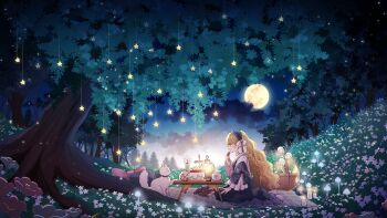 1girl absurdres blonde_hair book braid cake cat chaki_aiha cookie fantasy flower food full_moon glowing_mushroom green_eyes hanging_star headdress highres holding holding_cookie holding_food lantern long_hair moon night original picnic picnic_basket picnic_blanket ribbon scenery seiza single_braid sitting sky smile solo sparkle star_(sky) starry_sky table tea_party tree white_ribbon wide_sleeves
