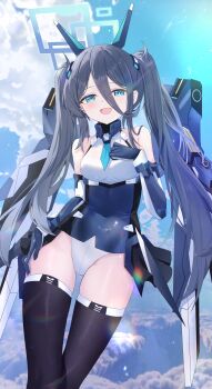 1girl absurdres aqua_halo aris_(blue_archive) aris_(mecha_suit)_(blue_archive) black_hair black_thighhighs blue_archive blue_necktie blue_sky cloud commentary_request covered_navel elbow_gloves gloves hair_between_eyes halo headgear highres leotard long_hair_between_eyes looking_at_viewer mecha_musume mechanical_wings mixian multicolored_leotard necktie official_alternate_costume rectangular_halo ringed_eyes short_necktie sky smile solo thighhighs thrusters twintails wings