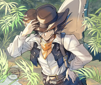 1boy bandage_over_one_eye bandana bandana_around_neck belt black_hair black_pants black_vest brown_eyes closed_mouth cowboy_hat crocodile crocodilian fern from_above fushitasu hat jim_crocodile_cook long_sleeves male_focus pants shirt short_hair signature solo vest white_shirt yu-gi-oh! yu-gi-oh!_gx