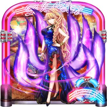 1girl alternate_costume alternate_hairstyle black_dress black_shoes blonde_hair blue_dress bracelet braid breasts closed_mouth dress energy_tail english_text fingernails fox_tail game_cg hand_on_own_hip high_heels highres holding jewelry jukebox junko_(the_uncrowned_empress)_(touhou) junko_(touhou) large_breasts long_fingernails long_hair looking_at_viewer menu multicolored_dress multiple_tails official_art pinball poster_(object) red_eyes red_nails rotte_(1109) shoes smile solo sparkle tail third-party_source touhou touhou_lostword transparent_background very_long_hair