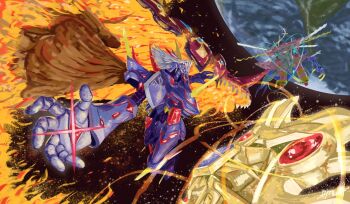 armor digimon digimon_(creature) earth_(planet) fire looking_at_another name_connection nimadj planet ragnalordmon ragnamon shield sword weapon