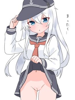 1girl :o anchor_symbol black_hat black_sailor_collar black_skirt blue_eyes cleft_of_venus clothes_lift commentary_request cowboy_shot flat_cap hat hibiki_(kancolle) highres kantai_collection lifting_own_clothes loli long_hair long_sleeves looking_at_viewer matu_(matu19) miniskirt navel neckerchief no_panties open_mouth peaked_cap pleated_skirt pussy red_neckerchief sailor_collar sailor_shirt school_uniform serafuku shirt simple_background skirt skirt_lift solo translation_request uncensored variant_set white_background white_hair