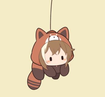 1girl blush brown_hair cheval_grand_(umamusume) chibi chibi_only commentary_request full_body gomashio_(goma_feet) multicolored_hair red_panda_costume short_hair simple_background solo two-tone_hair umamusume yellow_background |_|