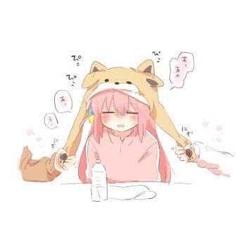 3girls animal_hat blush bocchi_the_rock! bottle closed_eyes commentary_request cube_hair_ornament dog_hat gotoh_hitori hair_ornament hat ijichi_nijika jacket kita_ikuyo long_hair long_sleeves multiple_girls one_side_up open_mouth pink_hair pink_jacket pulling_another's_clothes rebecca_(keinelove) sidelocks simple_background solo_focus track_jacket upper_body white_background yellow_hat