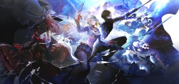 1boy 1girl absurdres augusta_(wuthering_waves) black_hair black_jacket blonde_hair bra brant_(wuthering_waves) breasts cantarella_(wuthering_waves) carlotta_(wuthering_waves) ciaccona_(wuthering_waves) cleavage colored_inner_hair commentary cristoforo_(wuthering_waves) cropped_jacket english_commentary everyone galbrena_(wuthering_waves) glass_shards gun highres holding holding_gun holding_sword holding_weapon iuno_(wuthering_waves) jacket large_breasts leviathan_(wuthering_waves) looking_at_viewer lupa_(wuthering_waves) male_rover_(wuthering_waves) multicolored_hair navel official_alternate_color phoebe_(wuthering_waves) phrolova_(wuthering_waves) qiuyuan_(wuthering_waves) roccia_(wuthering_waves) rover_(wuthering_waves) scar_(wuthering_waves) schwarzloch_(wuthering_waves) shorts stomach sword thighs underwear weapon white_bra white_hair white_jacket white_shorts wuthering_waves yellow_eyes yirin zani_(wuthering_waves)