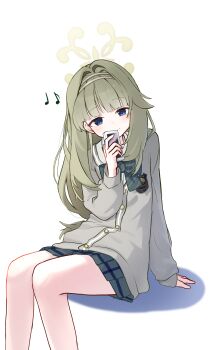 Rule 34 | 1girl, absurdres, blue archive, blue eyes, caffeinesonsari, cardigan, commentary request, green cardigan, green hair, green halo, green ribbon, green skirt, halo, highres, long hair, looking at viewer, ribbon, simple background, skirt, solo, thighs, tsumugi (blue archive), white background