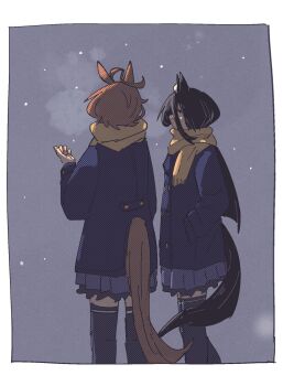 2girls agnes_tachyon_(umamusume) ahoge animal_ears black_hair blue_coat brown_hair coat enpera gachitamago highres horse_ears horse_girl horse_tail long_bangs long_hair long_sleeves manhattan_cafe_(umamusume) medium_hair multicolored_hair multiple_girls outdoors purple_skirt purple_thighhighs scarf school_uniform skirt snow tail thighhighs tracen_school_uniform tracen_winter_coat umamusume very_long_hair white_hair winter_clothes winter_coat winter_uniform yellow_scarf