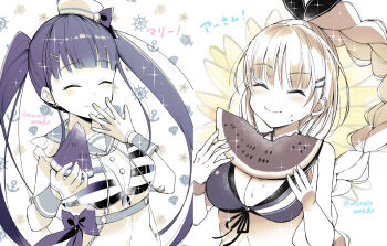 2girls :t ^_^ bikini black_bikini black_ribbon blonde_hair blue_hair blue_sailor_collar blue_wrist_cuffs blunt_bangs blurry blurry_background blush braid braided_ponytail breasts character_name cleavage closed_eyes closed_mouth commentary_request earrings eating facing_viewer food food_on_face frilled_sailor_collar frills front-tie_bikini_top front-tie_top hair_between_eyes hair_ornament hair_ribbon hairclip hands_up happy hat heaven_burns_red high_ponytail highres jewelry kanzaki_adelheid large_breasts limited_palette long_hair multiple_girls muratoamado official_alternate_costume official_alternate_hairstyle outstretched_hand parallel_hairclips ponytail ribbon sailor_bikini sailor_collar sailor_hat satsuki_mari sidelocks simple_background smile sparkle striped_bikini striped_clothes swimsuit twintails twitter_username upper_body very_long_hair white_background white_hat wrist_cuffs