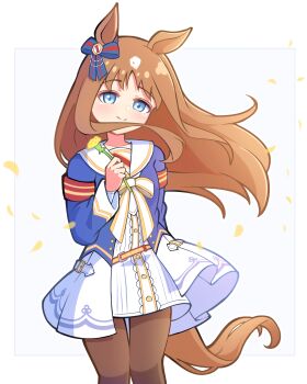 Rule 34 | 1girl, absurdres, animal ears, armband, blue background, blue eyes, blue jacket, blush, border, bow, bowtie, brown hair, brown thighhighs, buttons, closed mouth, commentary, cowboy shot, dress, ear bow, ear ornament, english commentary, flower, grass wonder (stone-piercing blue) (umamusume), grass wonder (umamusume), highres, holding, holding flower, horse ears, horse girl, horse tail, jacket, long hair, long sleeves, looking at viewer, pantyhose, red armband, sailor collar, shutowl, smile, solo, standing, tail, thighhighs, umamusume, white background, white border, white bow, white bowtie, white dress, white sailor collar, yellow flower, yellow petals