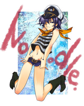 1girl abs bad_id bad_pixiv_id bare_shoulders belt belt_buckle black_belt black_boots black_eyes black_shirt blue_background blue_shorts boots border breasts buckle character_name closed_mouth clothes_lift commentary crop_top denim denim_shorts elbow_blush gorillaz graffiti groin hair_over_one_eye hat hat_ornament highres knee_boots kneeling light_smile long_bangs looking_at_viewer loose_hair_strand lowleg lowleg_shorts midriff narrowed_eyes navel neckerchief noodle_(gorillaz) outside_border peaked_cap petite purple_hair ripples seymour_(seymour02) shirt shirt_lift short_hair short_shorts shorts shoulder_blush skull_hat_ornament sleeveless sleeveless_shirt small_breasts smile solo striped_clothes striped_shirt thigh_gap thumb_in_beltline toned toned_female two-tone_shirt white_border white_shirt wind wind_lift yellow_neckerchief