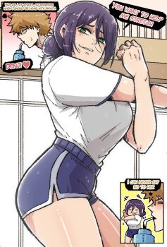 1boy 1girl blonde_hair bottle chainsaw_man denji_(chainsaw_man) drink drinking green_eyes gym gym_shirt gym_shorts gym_uniform highres mark_gavatino purple_hair reze_(chainsaw_man) seductive_smile shirt shorts smile stretching thighs
